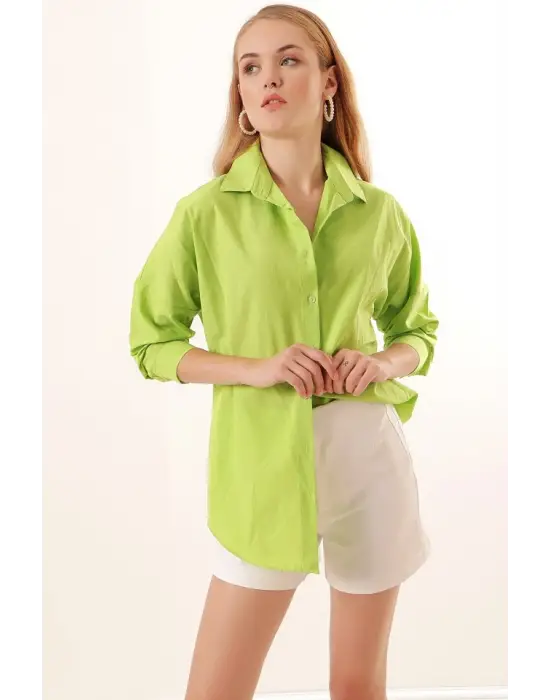 3900 Oversize Uzun Basic Gömlek - Çağla