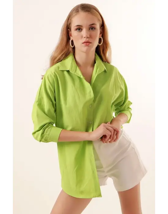 3900 Oversize Uzun Basic Gömlek - Çağla