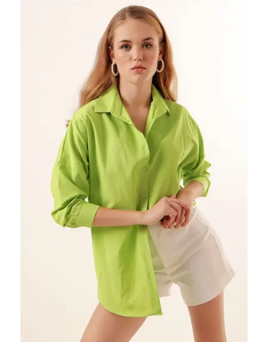 3900 Oversize Uzun Basic Gömlek - Çağla