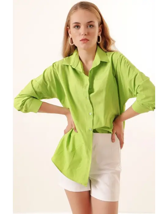 3900 Oversize Uzun Basic Gömlek - Çağla