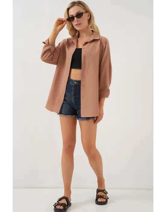 3900 Oversize Uzun Basic Gömlek - Camel