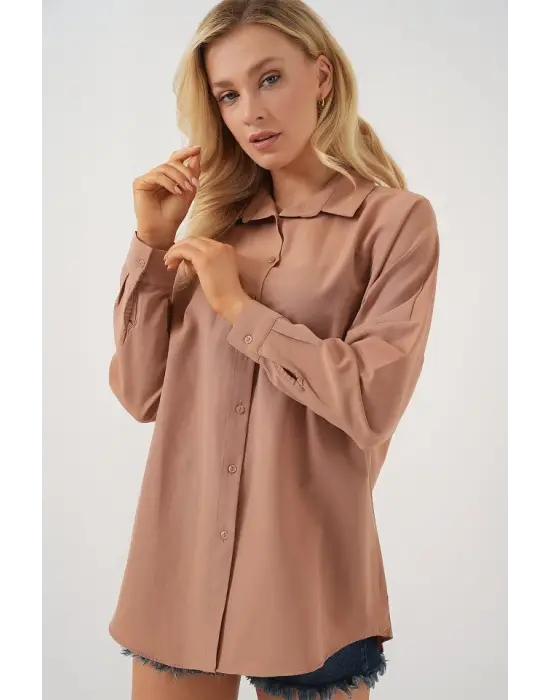 3900 Oversize Uzun Basic Gömlek - Camel