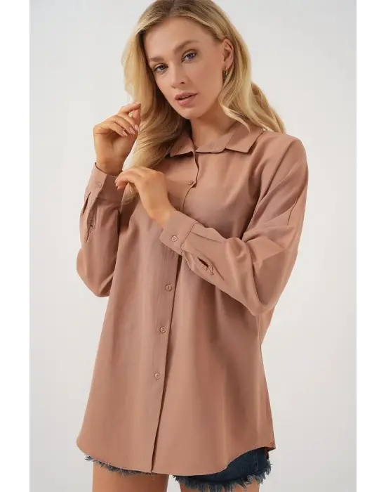 3900 Oversize Uzun Basic Gömlek - Camel