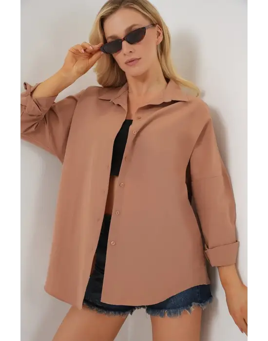 3900 Oversize Uzun Basic Gömlek - Camel