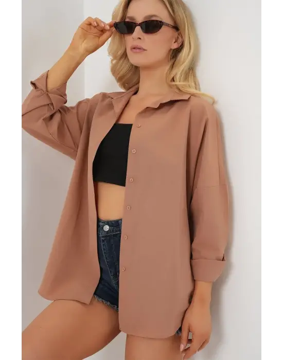 3900 Oversize Uzun Basic Gömlek - Camel