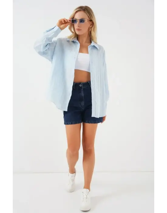 3900 Oversize Uzun Basic Gömlek - C.Mavi