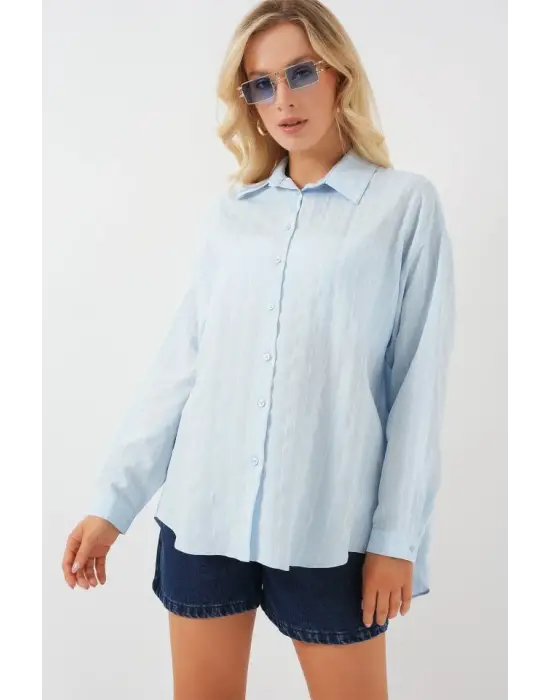 3900 Oversize Uzun Basic Gömlek - C.Mavi