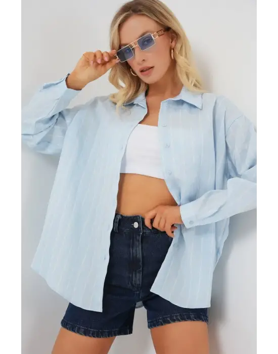 3900 Oversize Uzun Basic Gömlek - C.Mavi
