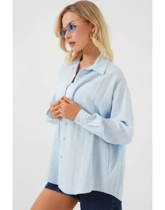 3900 Oversize Uzun Basic Gömlek - C.Mavi