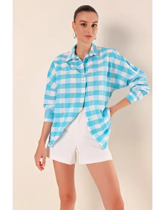3900 Oversize Uzun Basic Gömlek - E. Mavi