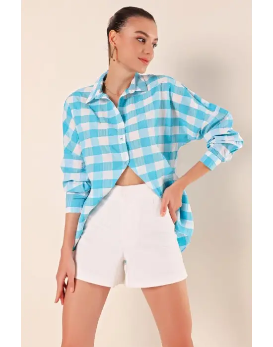 3900 Oversize Uzun Basic Gömlek - E. Mavi