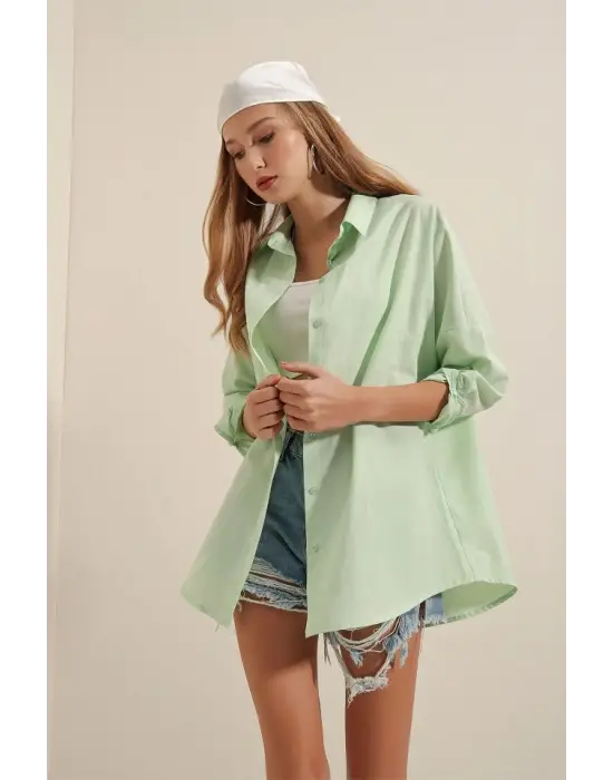 3900 Oversize Uzun Basic Gömlek - E.Yeşil