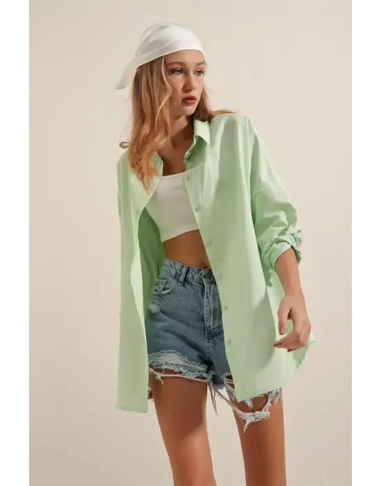 3900 Oversize Uzun Basic Gömlek - E.Yeşil