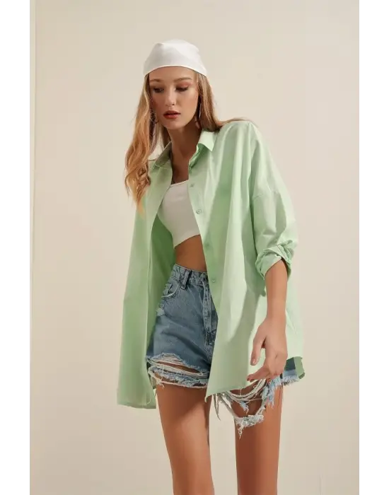 3900 Oversize Uzun Basic Gömlek - E.Yeşil