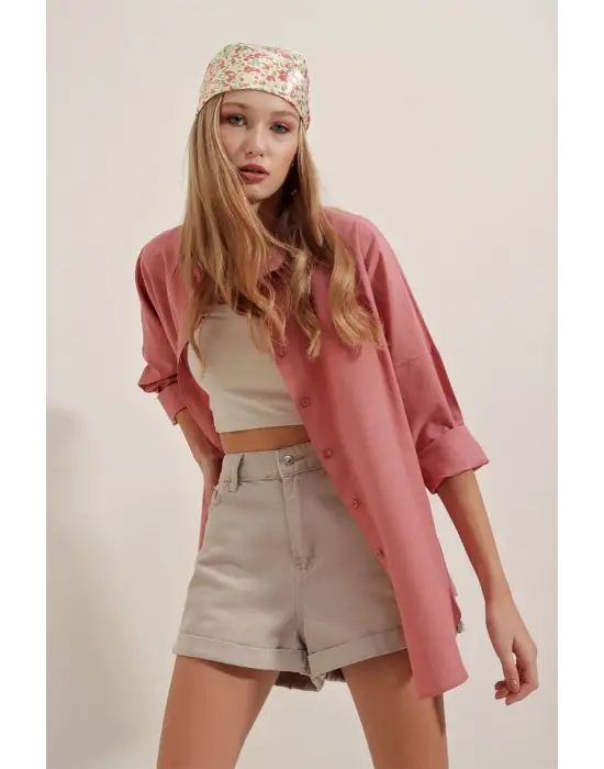 3900 Oversize Uzun Basic Gömlek - Gül Kurusu