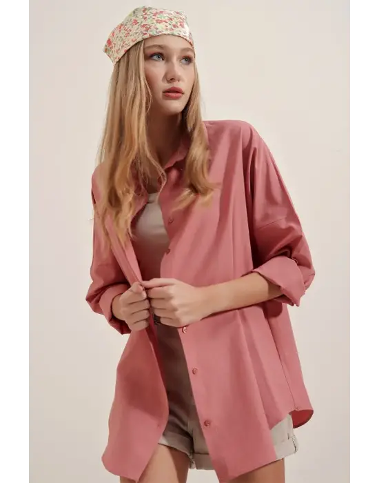 3900 Oversize Uzun Basic Gömlek - Gül Kurusu