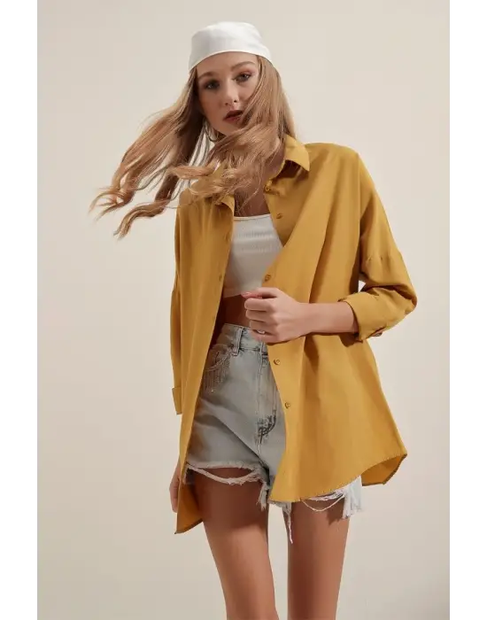 3900 Oversize Uzun Basic Gömlek - Hardal