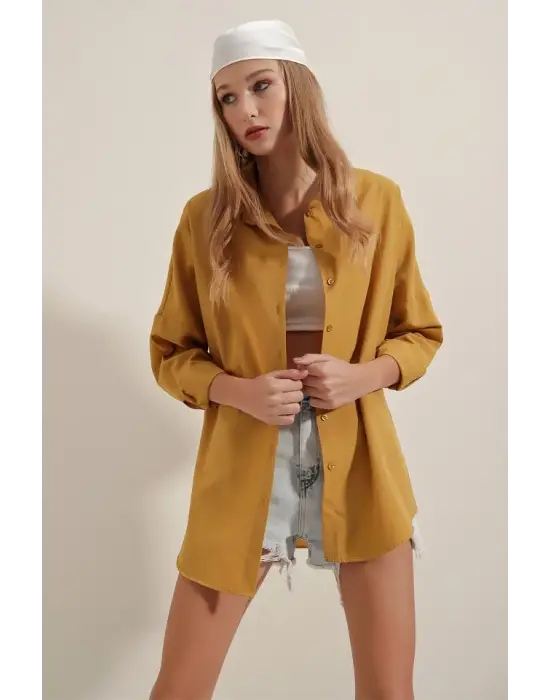 3900 Oversize Uzun Basic Gömlek - Hardal