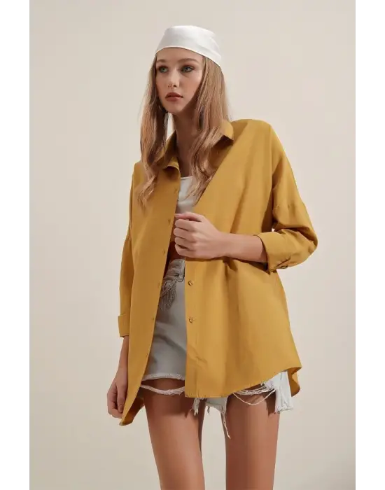 3900 Oversize Uzun Basic Gömlek - Hardal