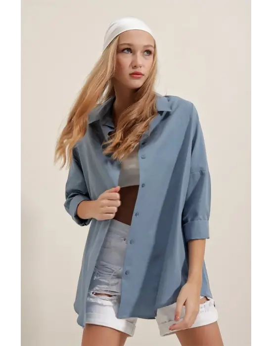 3900 Oversize Uzun Basic Gömlek - İndigo
