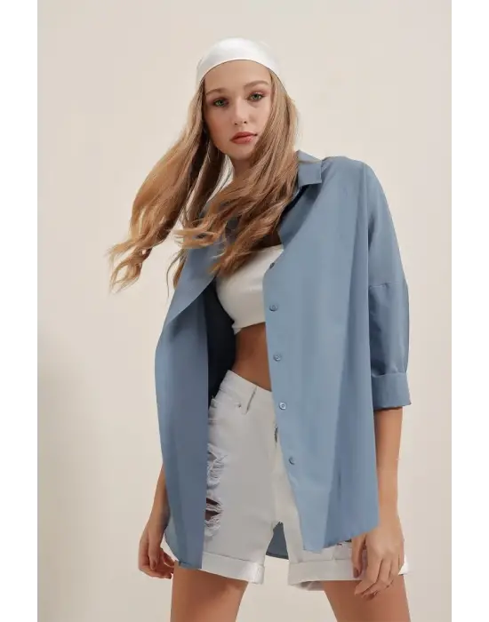 3900 Oversize Uzun Basic Gömlek - İndigo