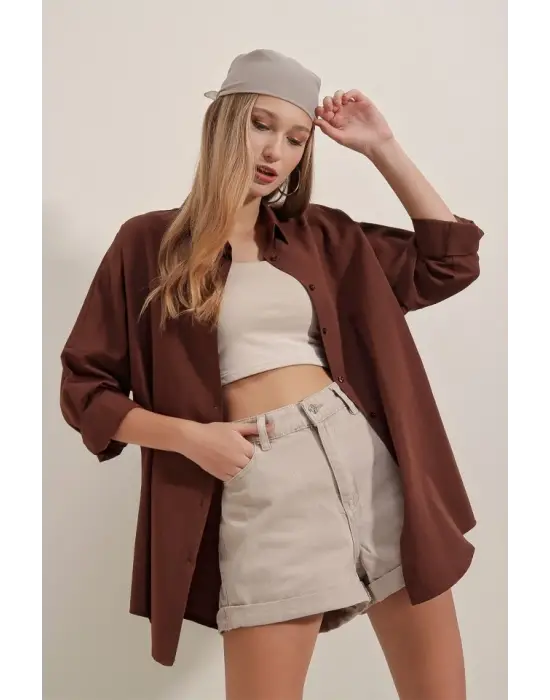 3900 Oversize Uzun Basic Gömlek - Kahverengi