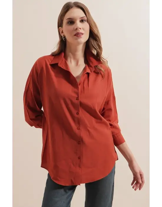 3900 Oversize Uzun Basic Gömlek - Kiremit