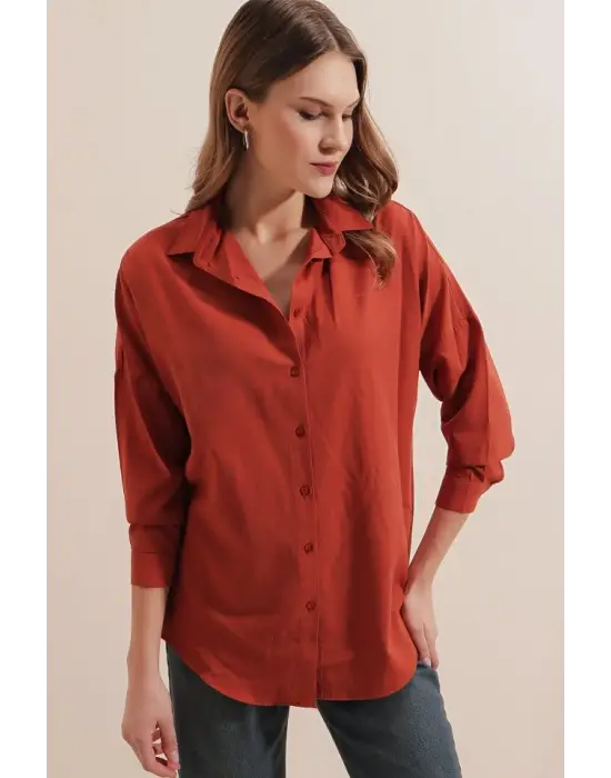 3900 Oversize Uzun Basic Gömlek - Kiremit