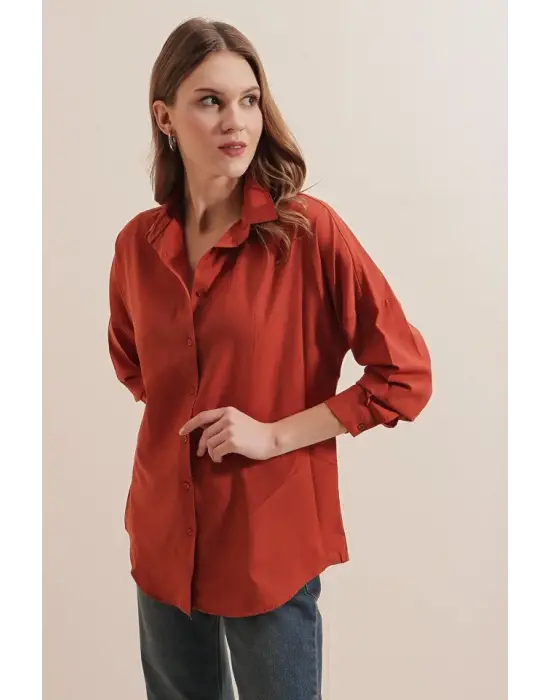 3900 Oversize Uzun Basic Gömlek - Kiremit