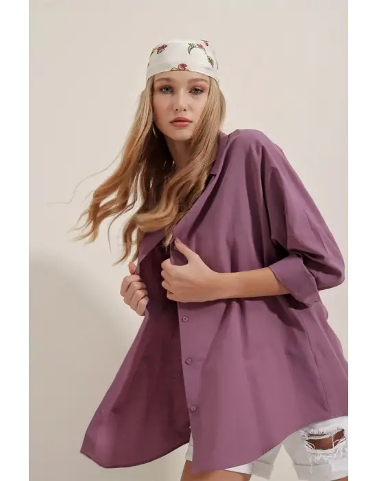 3900 Oversize Uzun Basic Gömlek - Koyu Lila