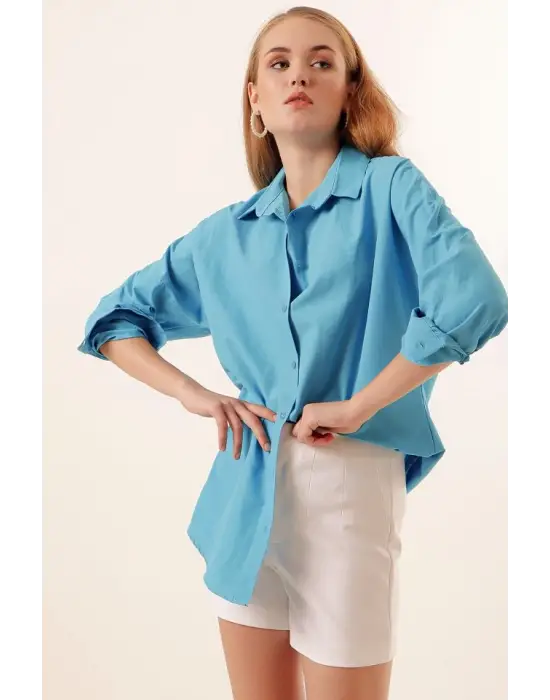 3900 Oversize Uzun Basic Gömlek - Koyu Mavi