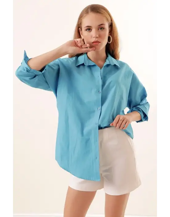 3900 Oversize Uzun Basic Gömlek - Koyu Mavi