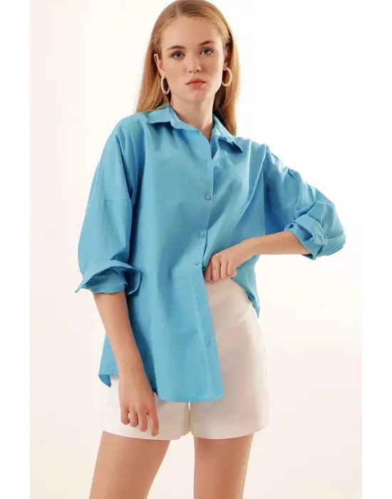 3900 Oversize Uzun Basic Gömlek - Koyu Mavi