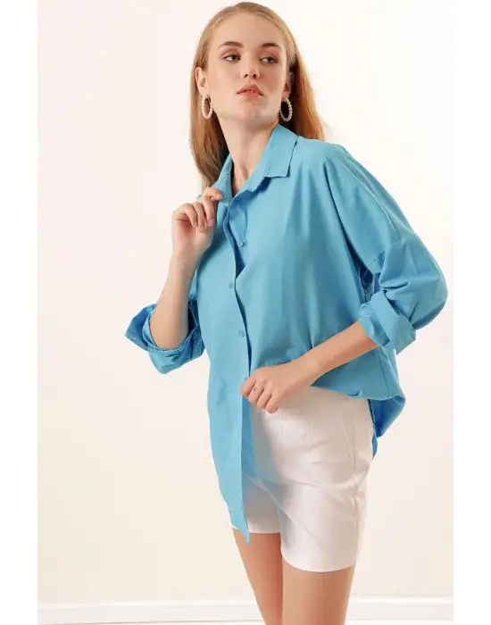 3900 Oversize Uzun Basic Gömlek - Koyu Mavi