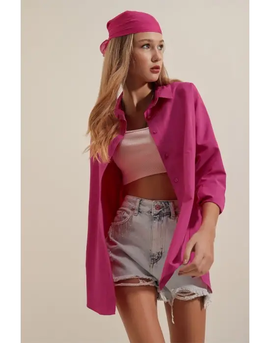 3900 Oversize Uzun Basic Gömlek - Koyu Pembe