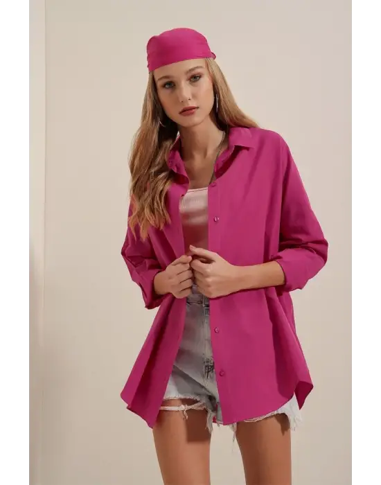 3900 Oversize Uzun Basic Gömlek - Koyu Pembe