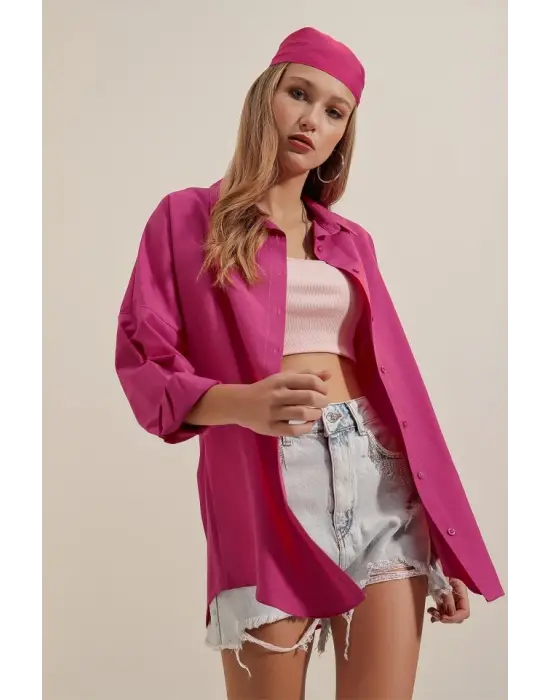 3900 Oversize Uzun Basic Gömlek - Koyu Pembe