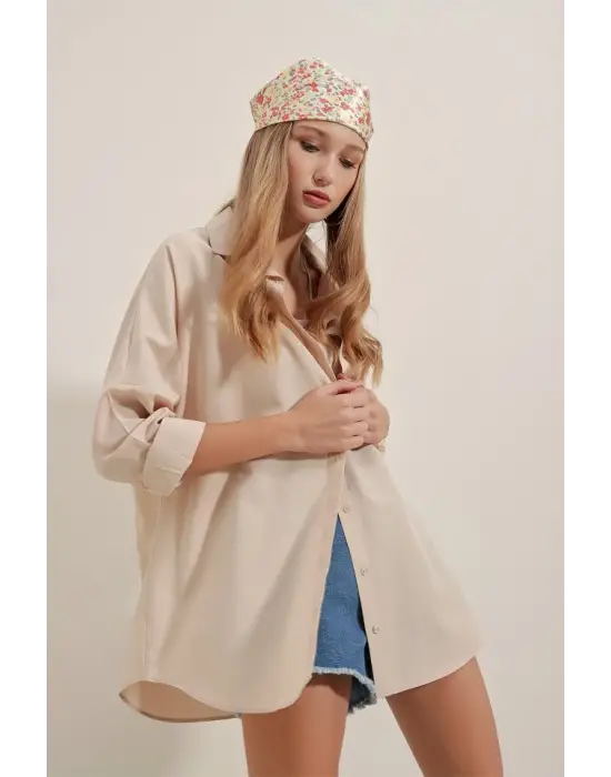 3900 Oversize Uzun Basic Gömlek - Krem
