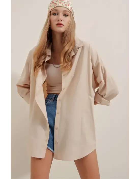 3900 Oversize Uzun Basic Gömlek - Krem