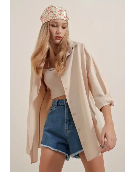3900 Oversize Uzun Basic Gömlek - Krem
