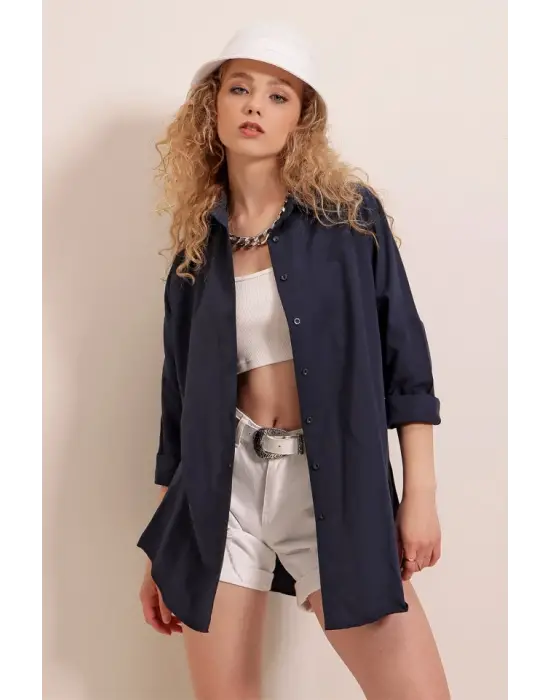 3900 Oversize Uzun Basic Gömlek - Lacivert