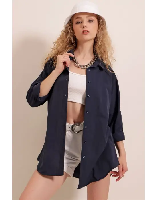 3900 Oversize Uzun Basic Gömlek - Lacivert
