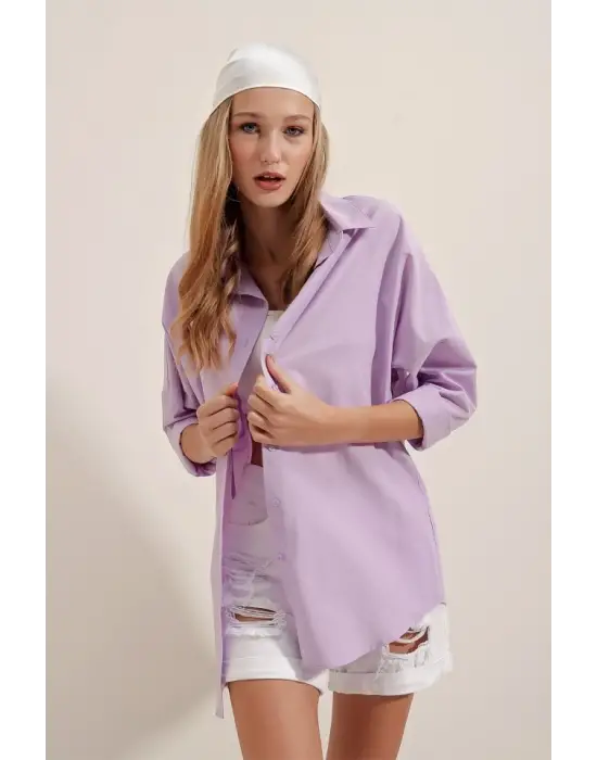 3900 Oversize Uzun Basic Gömlek - Lila