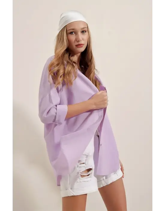 3900 Oversize Uzun Basic Gömlek - Lila