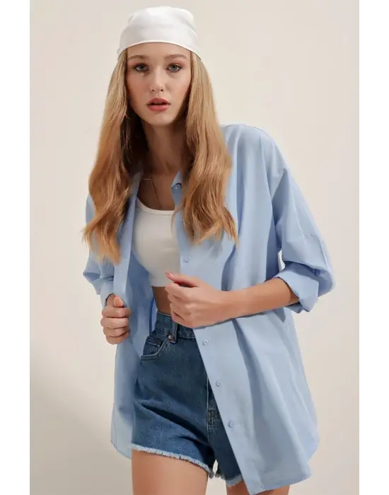 3900 Oversize Uzun Basic Gömlek - Mavi