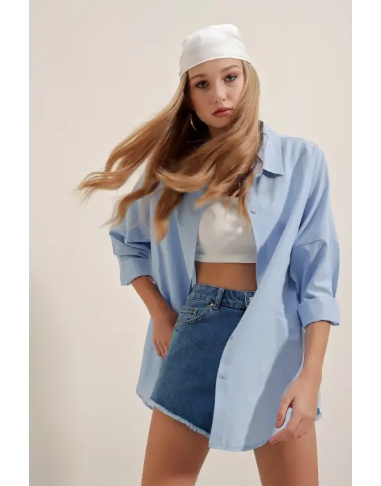 3900 Oversize Uzun Basic Gömlek - Mavi
