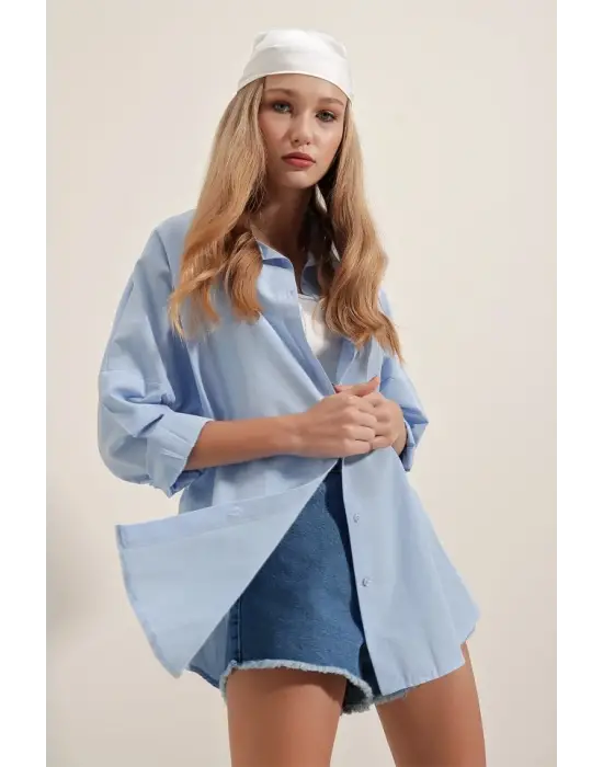 3900 Oversize Uzun Basic Gömlek - Mavi
