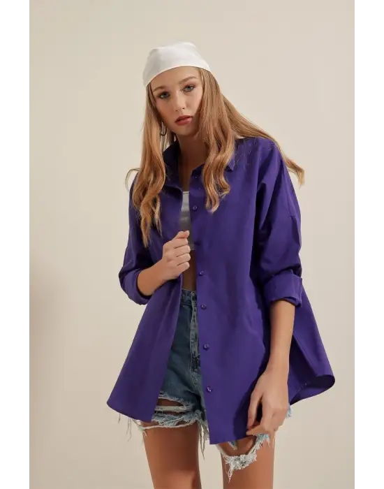 Oversize Uzun Gömlek - Trend Mor