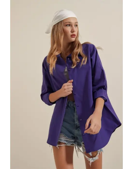 Oversize Uzun Gömlek - Trend Mor