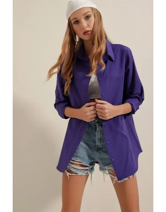 Oversize Uzun Gömlek - Trend Mor